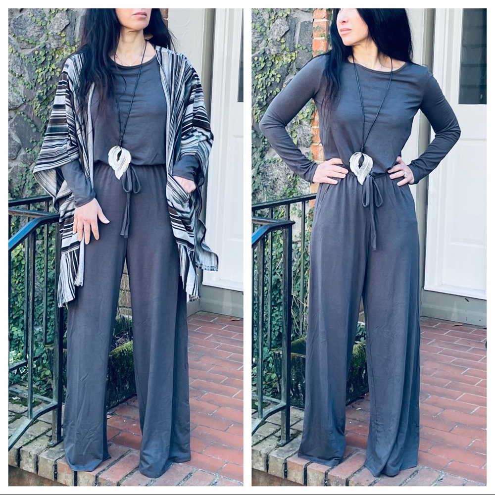 07 CHARCOAL GRAY FABULOUS WIDE LEG POCKETS JUMPSUIT